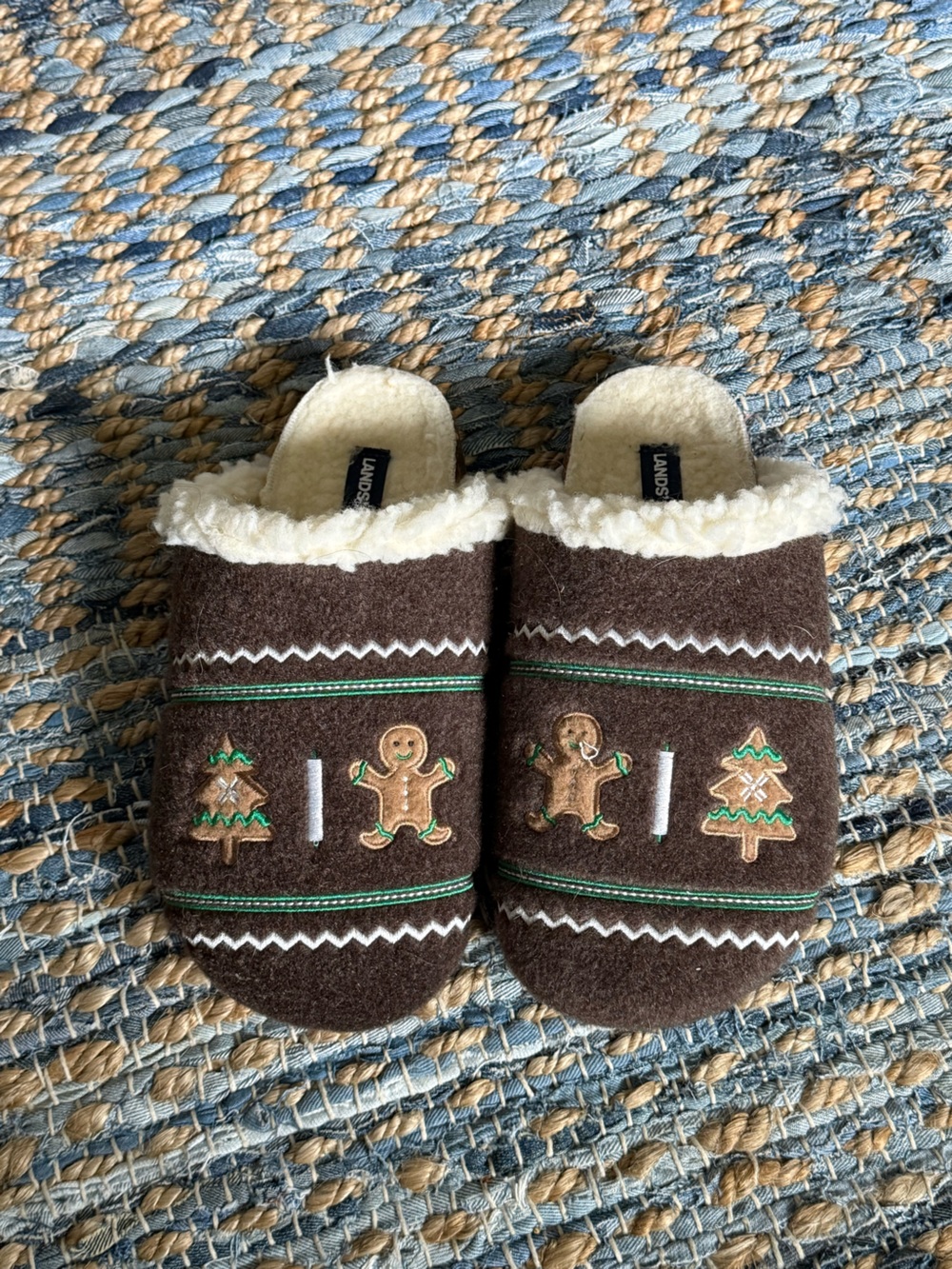 Lands' End Brown Festive Gingerbread Slip-On Slippers